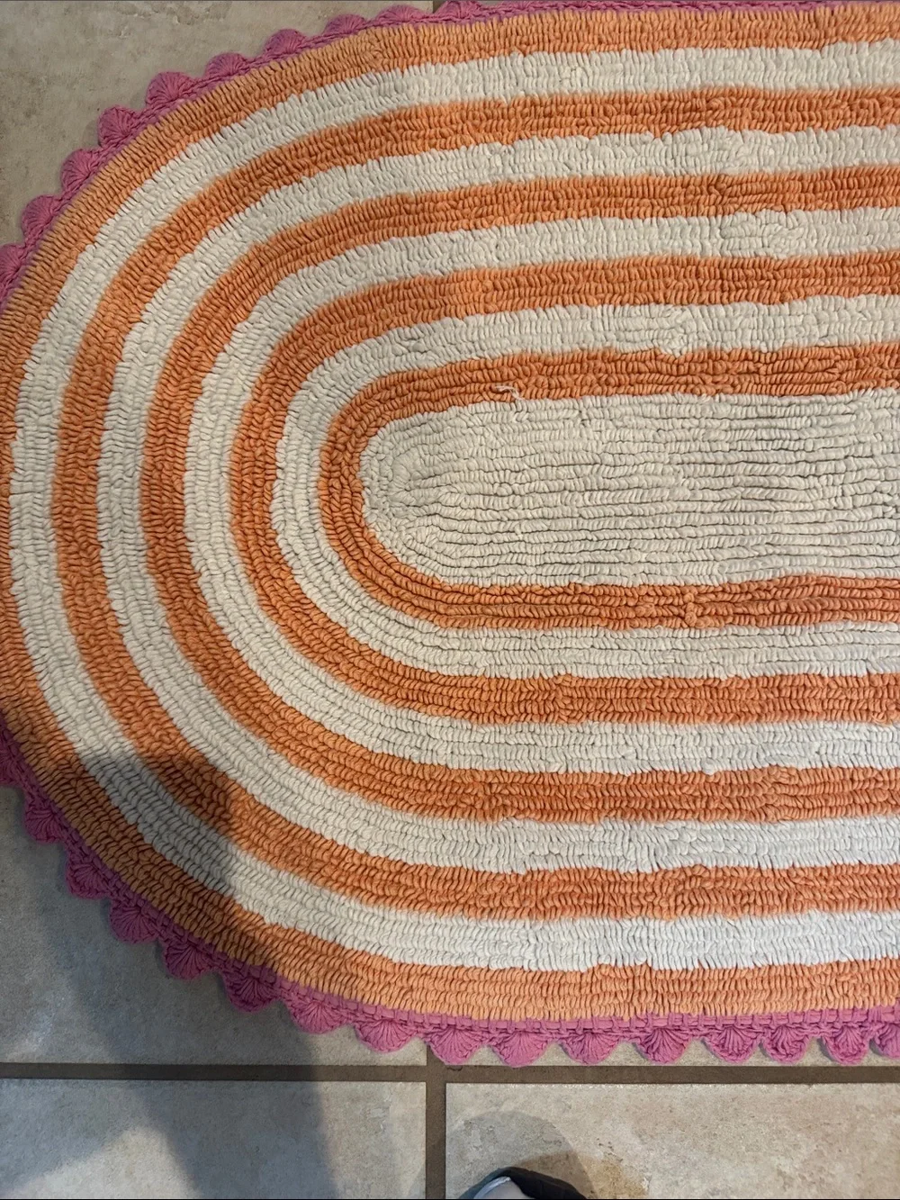 Rug Mat White and Orange Striped Oval Door Mat with Pink Scalloped Edge